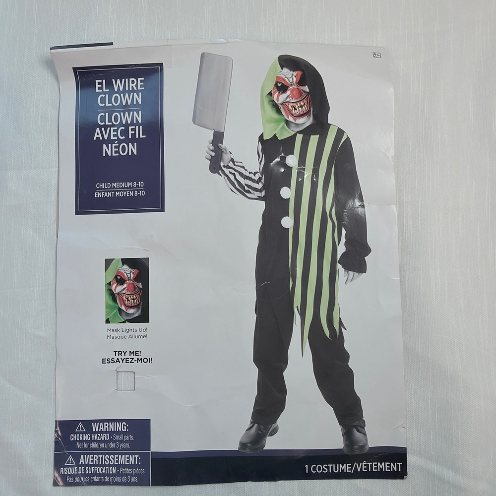 El Wire Clown Costume Child Medium 8-10 Black Green Excellent Light Up Mask